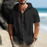 Camisa de lino y algodón de manga corta para hombre, informal, color sólido, con capucha, talla grande, ropa de hombre - details 14