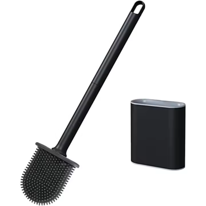 Cepillo de Inodoro de Silicona Profesional para Baño Montado en la Pared, Mango Largo Antideslizante, Secado, Cepillos de Limpieza Profunda (Negro) - 1