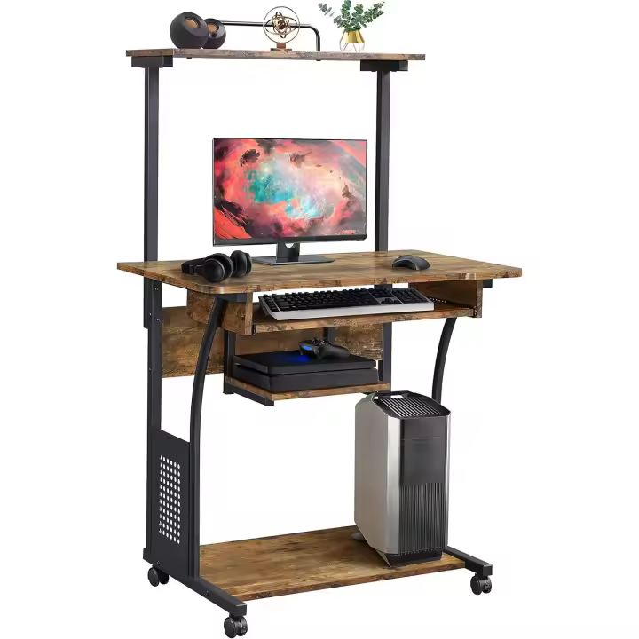 Mesa de Escritorio con Ruedas Estantería y Cajón Diseño Rústico Marrón 80x50x132cm - 1