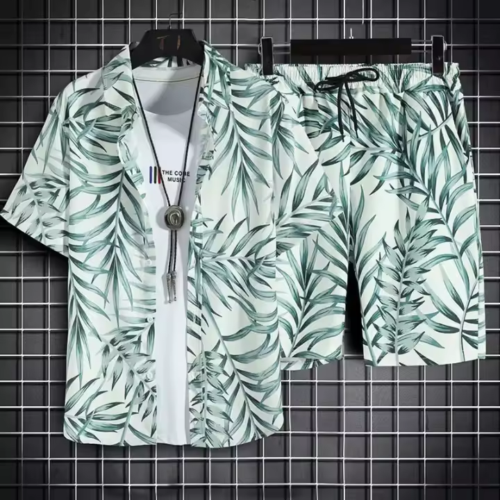 Ropa de playa para hombre, conjunto de 2 piezas, camisa hawaiana y pantalones cortos de secado rápido, ropa de moda para hombre, trajes informales estampados de verano - 1