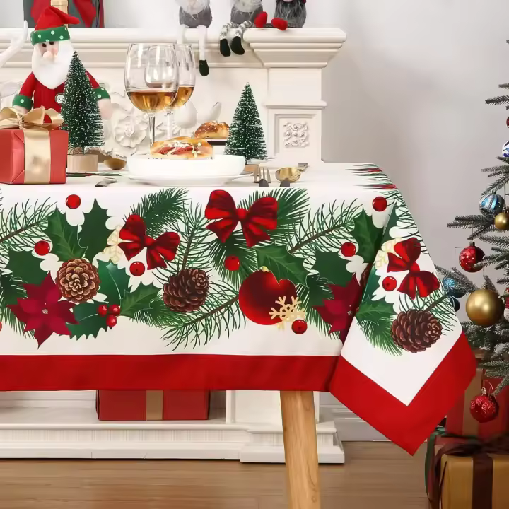 Mantel impermeable con vegetación navideña, decoración para fiestas navideñas, mantel rectangular reutilizable para Navidad de invierno, decoraciones navideñas - 1