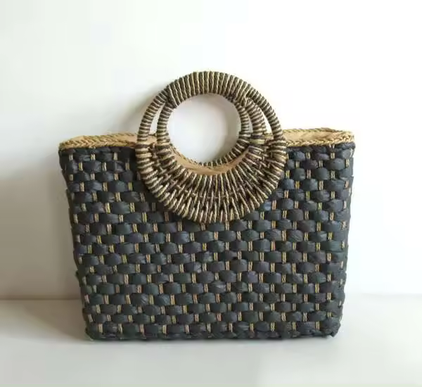 Sac De Plage Nuevas ideas de productos Verano Elegante Moda Gran capacidad Color Match Mango redondo Cartera de mujer Bolso de mano Paja B - 1