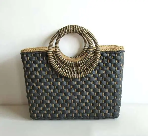 Sac De Plage Nuevas ideas de productos Verano Elegante Moda Gran capacidad Color Match Mango redondo Cartera de mujer Bolso de mano Paja B - 1