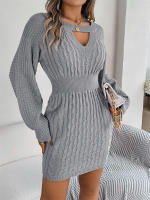 Vestido suéter de punto de manga larga calado elegante para mujer, - details 15