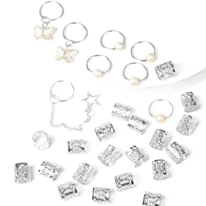 28 Uds. Anillo para el pelo con forma de mariposa, candados para rastas, Clips de Metal para puños, cuentas para rastas, trenzas sucias doradas y plateadas, tubos para trenzas de pelo - 1