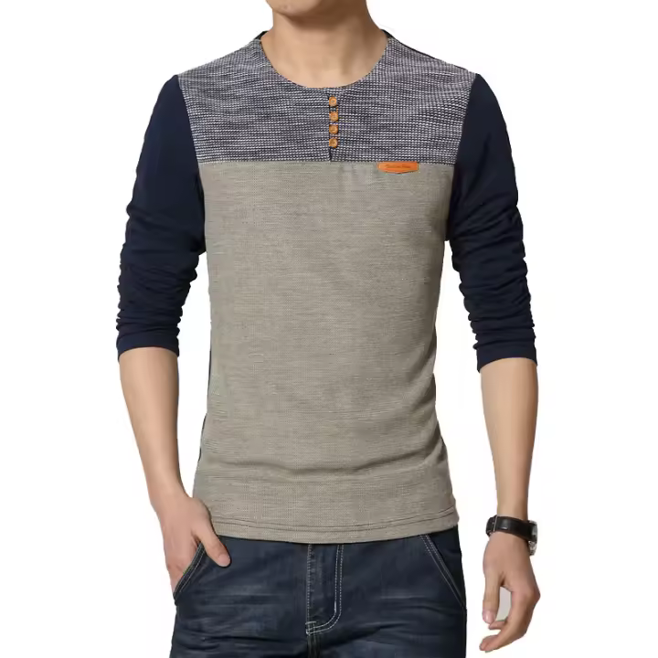 Camiseta manga larga para hombre, camisa cuello redondo con botones retales, Marca novedosa de talla grande, M-5XL - 1
