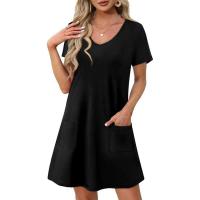 Vestido casual con bolsillo y manga corta estampada con escote en V - details 1