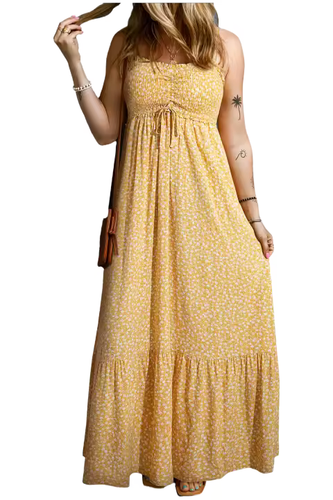 Elrachen Vestido largo floral para mujer con ribete de volantes, amarillo, tallas S-XL - 1