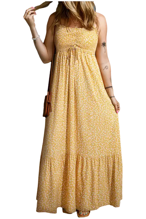 Elrachen Vestido largo floral para mujer con ribete de volantes, amarillo, tallas S-XL - 1