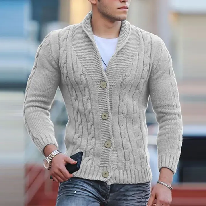 Chaqueta con cuello de hombre de punto jacquard en capas de otoño e invierno - 1