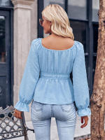 Top informal de manga con volantes para mujer, Top con cuello redondo y cintura, Color liso, otoño e invierno, 2023 - details 10