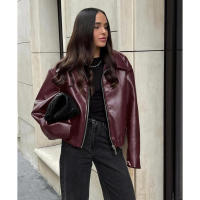 Abrigo grueso de piel sintética para mujer, ropa de calle de color rojo vino con solapa y cremallera, Túnica para otoño, 2024 - details 14
