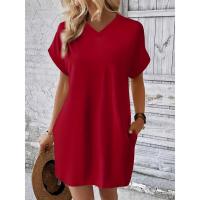 Verano primavera nuevo vestido de bolsillo de manga RT suelto redondo de Color sólido para mujer - details 19