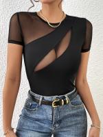 Nueva camiseta de manga corta con empalme de red, tops delgados para mujeres - details 7