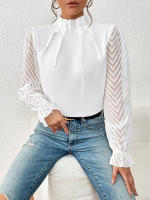 Jersey elegante de Cuello medio alto para mujer, de Color sólido Camisa de gasa, blusa de manga larga con volantes ondulados, Tops sueltos informales para mujer, novedad - details 13