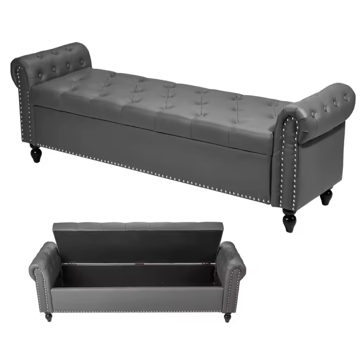 Banco Otomano de Almacenamiento con Botones SucceBuy, Banco de Piel Sintética con Brazos Enrollados y Patas de Madera, Banco Moderno para Zapatos para la Entrada, Asiento Tapizado para Dormitorio o Sala de Estar, Gris - 1