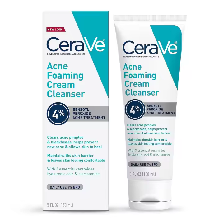 CeraVe Acne Foaming Cream Cleanser, limpiador facial con peróxido de benzoilo al 4% con ácido hialurónico, niacinamida y ceramidas, tratamiento diario suave para el acné para la cara - 1