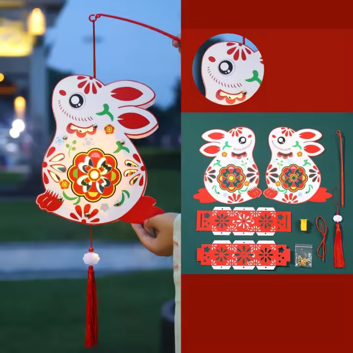 Linterna del Festival del Medio Otoño de dibujos animados, estilo antiguo luminoso, linterna de flor de conejo, tradicional hecha a mano - 1