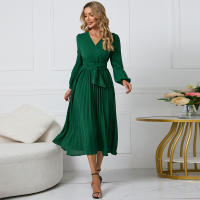 Vestidos largos informales para mujer, manga larga con cuello en V, cintura alta, Maxi, Verde - details 5