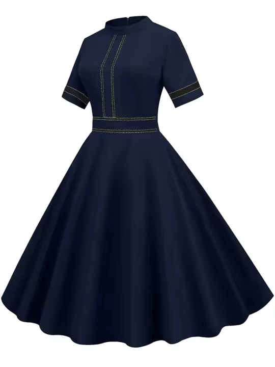 Nuevo 2025 sólido mujer verano elegante manga corta cuello alto vintage a-line vestido de fiesta - 1