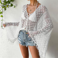 Vestido playero de ganchillo para mujer: envoltura holgada de bikini de manga larga con lazo de borlas, mangas acampanadas y protección solar - details 10