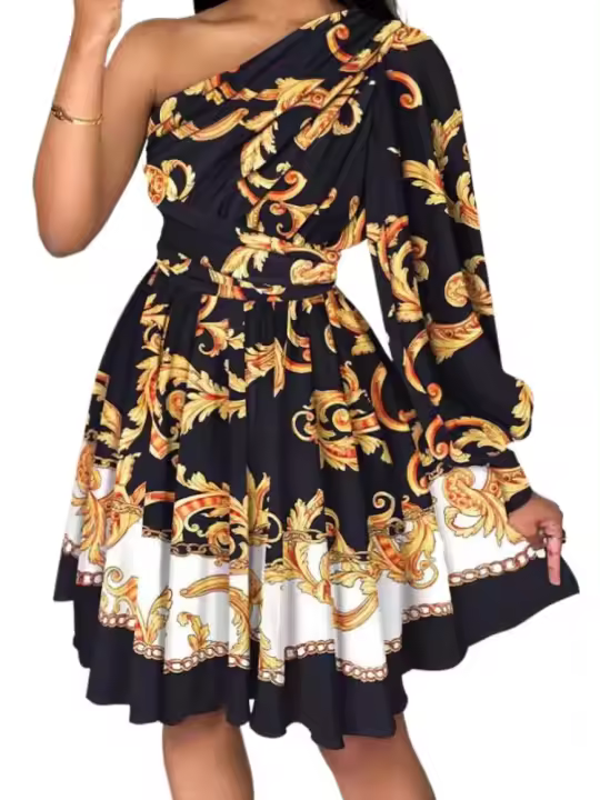 Sandalias de mujer Vestido de manga larga para mujer, hermoso, elegante, hombros inclinados, nuevo, bohemio - 1
