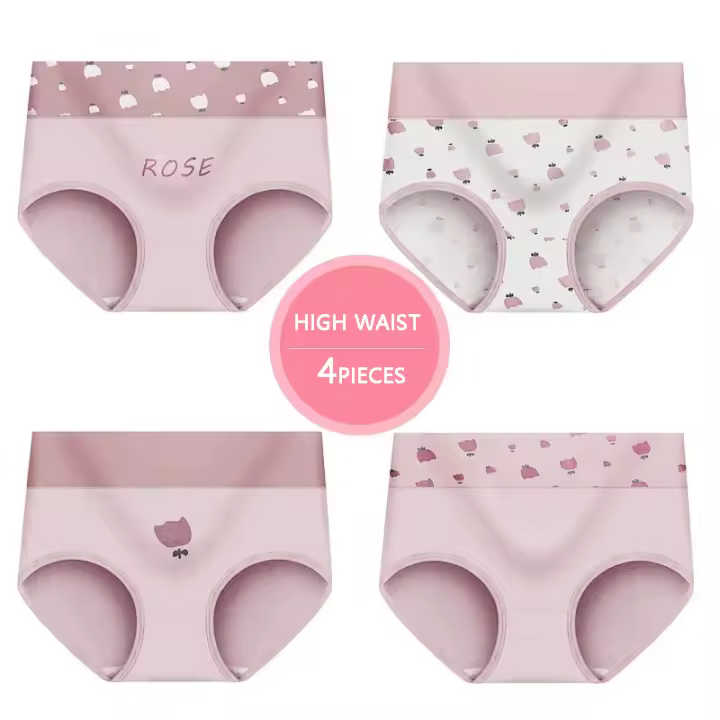 Bragas de Algodón Puro Talla Grande M-5XL 4Pcs para Mujeres Cintura Alta Modelador Sexy Lencería Transpirable Estilo de Corte Alto Lavado a Mano Instrucciones de Cuidado del Material Exterior de Algodón Hecho en China - 1