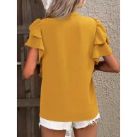 Jersey Elegante De Color Rojo Rosa Para Mujer, Blusa Informal Con Cuello En V Y Mangas Con Volantes De Doble Capa, Top De Color Sólido - details 26