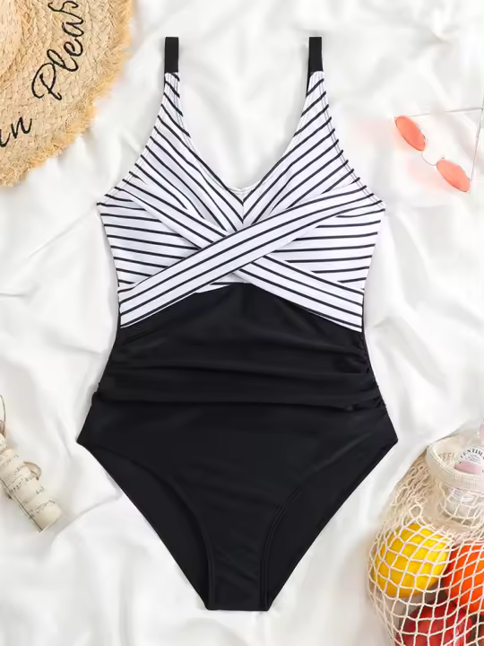 Traje de baño liso de una pieza con cuello en V para mujer, sexy, traje de playa de verano, - 1