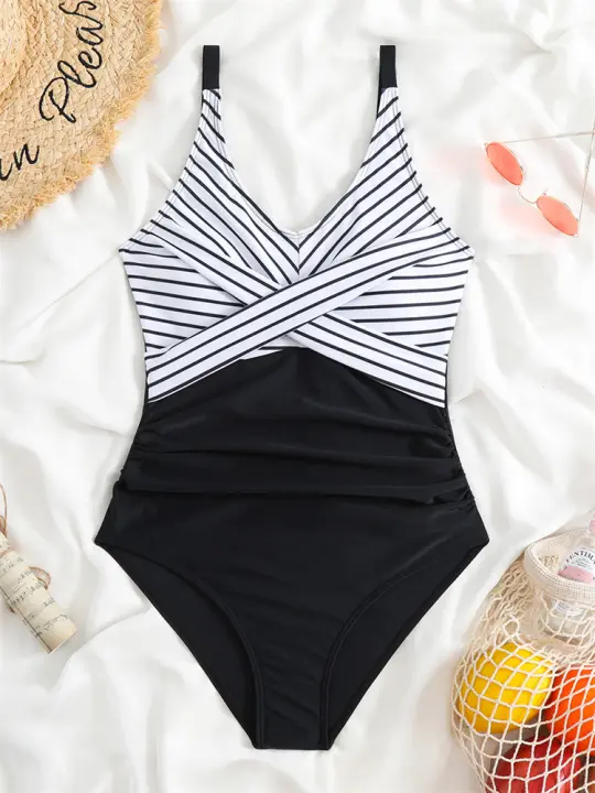 Traje de baño liso de una pieza con cuello en V para mujer, sexy, traje de playa de verano, - 1