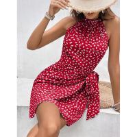 Vestido fruncido floral de lunares sin mangas con cuello halter a la moda de verano para mujer - details 2