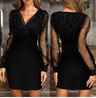 Vestido de lentejuelas con cuello en V de malla para mujer, Color sólido, ajustado, cintura alta, un paso - details 1