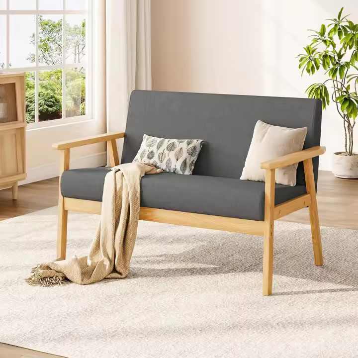 Sofá de 2 Plazas Moderno y Escandinavo, Lounge de Madera y Tela de Lino Tapizado Para Salón, Dormitorio, Oficina - Gris Oscuro, 113 x 67 x 75 cm - 1