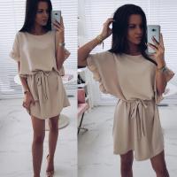 Vestido de poliéster de manga corta para mujer, jersey de cuello redondo, suelto, fajas, sólido, moda de oficina, Verano - details 12