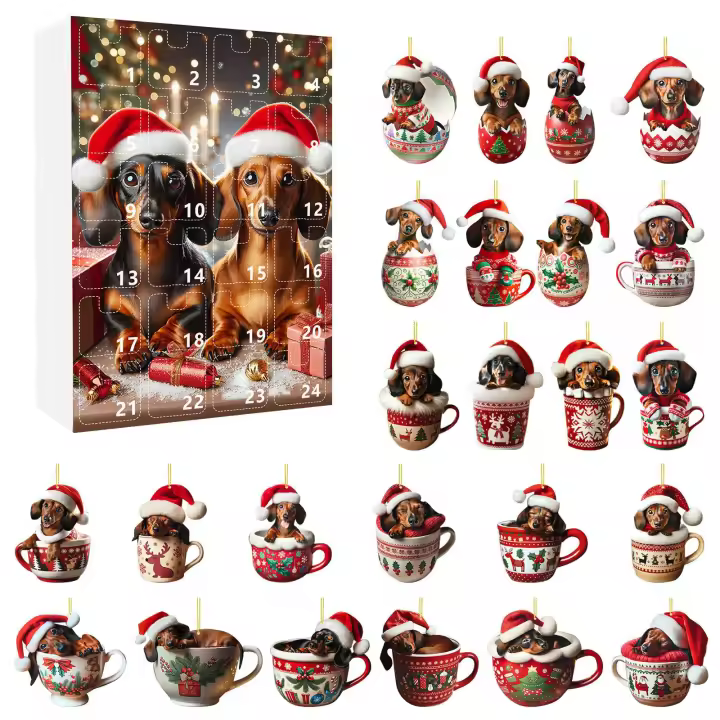 Calendario de Adviento de Navidad 2024,con 24 encantadores colgantes de perro salchicha, adornos de árbol de Navidad para decora - 1