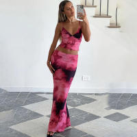 BUNO-Conjunto de 2 piezas con estampado Tie-Dye de gato extraño para mujer, moda Hipster Y2K, camisola elegante con cuello en V + faldas Maxi, ropa de calle a juego - details 10