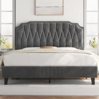 Tapizado en terciopelo Cama de matrimonio con cabecera ajustable en altura Marco de cama Soporte con listones de madera 160 × 200 cm Beige - details 27