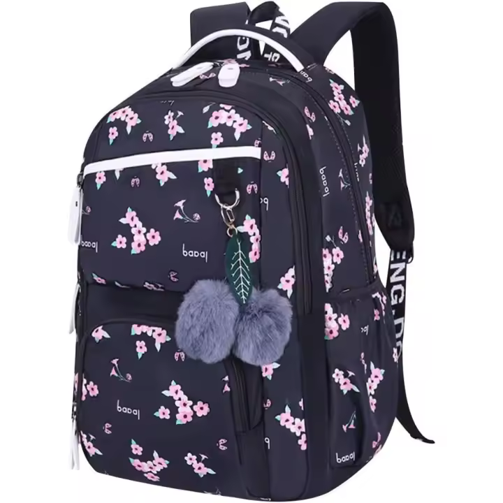 Mochila escolar para mujer (negra) - Mochila de alta calidad para estudiar y viajar, ideal para mujeres jóvenes y adultas, color negro (Las bolas de pelo se dan al azar.) - 1