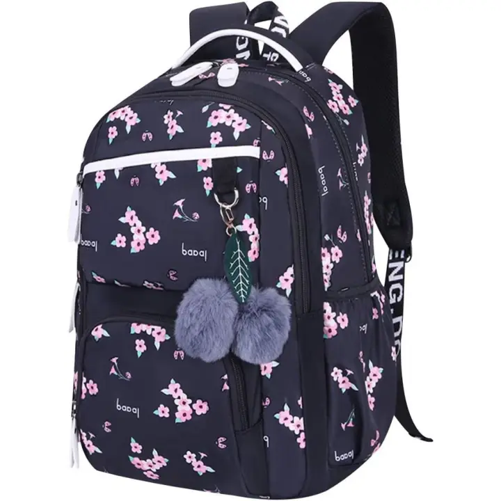Mochila escolar para mujer (negra) - Mochila de alta calidad para estudiar y viajar, ideal para mujeres jóvenes y adultas, color negro (Las bolas de pelo se dan al azar.) - 1