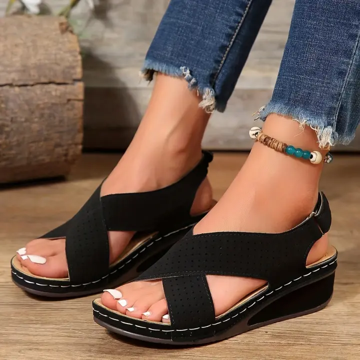 -sandalias de cuña huecas para mujer, zapatos informales de talla grande 43, Retro, para verano, 2024 - 1