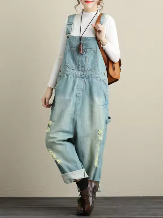 Pantalones vaqueros holgados para mujer, peto con diseño de agujeros rasgados, informales, Vintage, clásicos, Otoño, 2023 - 1