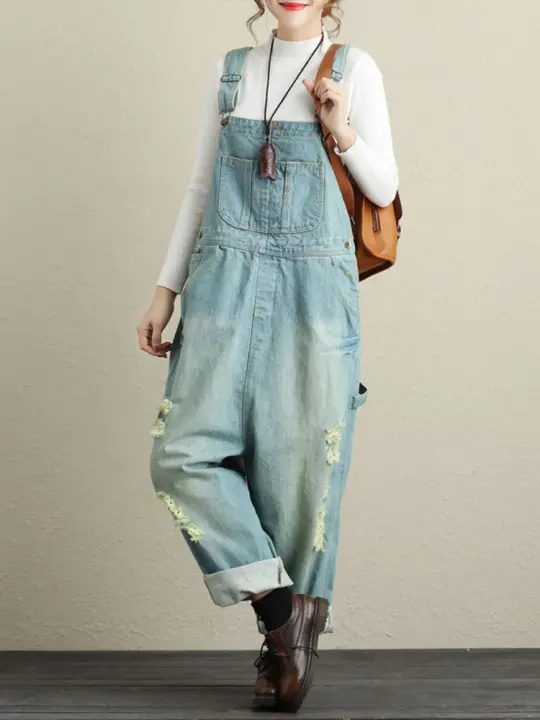 Pantalones vaqueros holgados para mujer, peto con diseño de agujeros rasgados, informales, Vintage, clásicos, Otoño, 2023 - 1