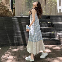 Vestido largo holgado Retro de verano para mujer, vestido con tirantes de dos piezas falso a cuadros para mujer - details 13