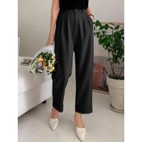Pantalones de mujer de cintura alta negros de pierna ancha fluidos con bolsillos algodón de calidad Original - details 1