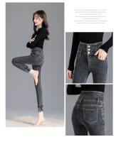 Pantalones vaqueros térmicos de lana gruesa para mujer, Vaqueros ajustados cálidos de cintura alta, pantalones pitillo con botones elásticos, pantalones vaqueros informales de terciopelo para mamá - details 32