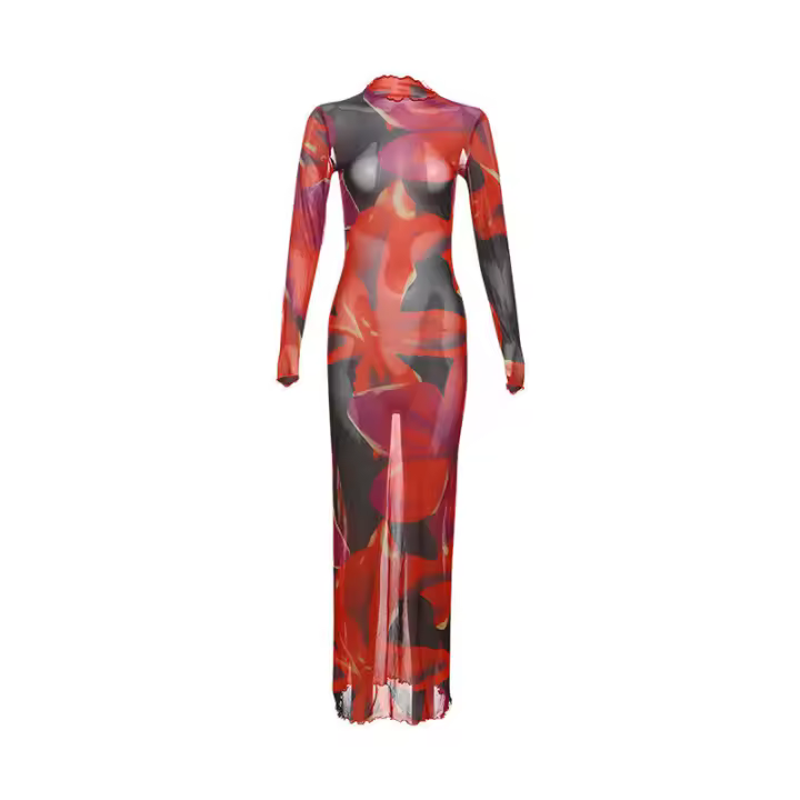 BUNO Vestido largo elástico informal básico con estampado de gato extraño colorido de terciopelo con cuello redondo y dobladillo de manga para mujer - 1