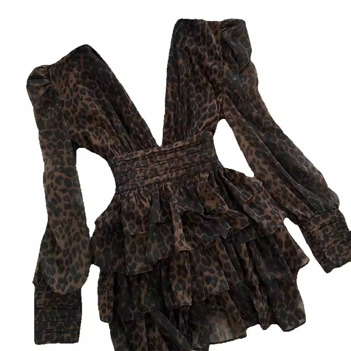 Vestido corto de leopardo con manga burbujeante vintage cerrado con volante - 1