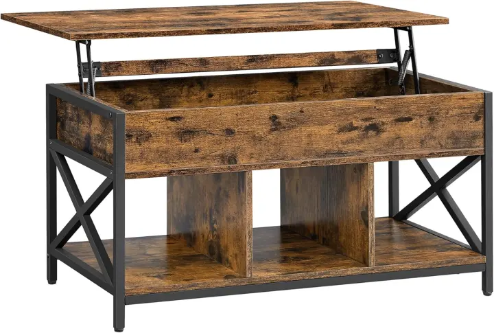 Mesa de Café de Acero Mesa de Centro Elevable con Tablero Oculto y Compartimentos Abiertos - 1