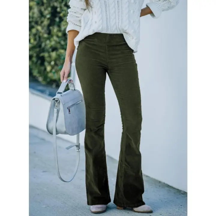 Pantalones acampanados elegantes de cintura alta para mujer, pantalones casuales con cintura elástica, color sólido, 2024 - 1