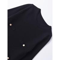 Otoño Invierno mujer dobladillo plisado Vestido corto de punto manga larga cuello redondo bolsillos frontales con botón Mini vestidos negro - details 2